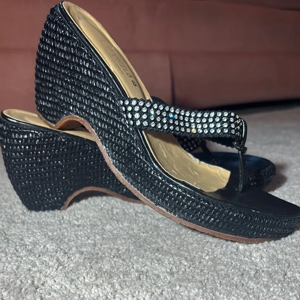 Paloma Barcelo wicker thong wedge sandals black rhinestone designer sandal 8